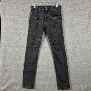 Ops Jeans Mens 32x34 Black Distressed Skinny Moto Biker Zipper Pockets Stretch